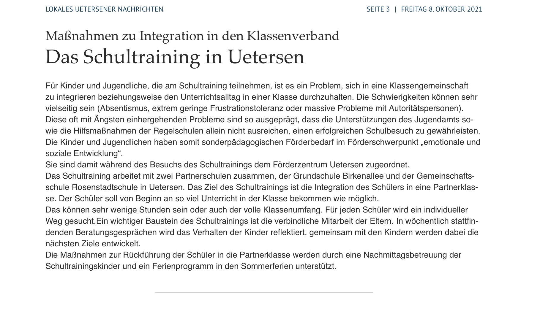 Presseartikel aus den Uetersener Nachrichten: Das Schultraining in Uetersen